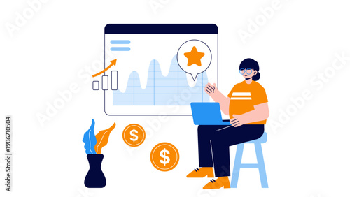 A businesswoman reviewing business statistics and performance ratings on a large display