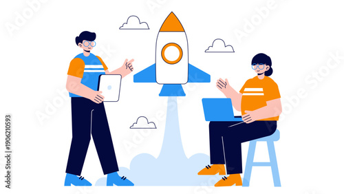 Team of entrepreneurs launching a rocket from their digital devices representing a new startup