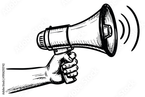 Hand drawn line art illustration of a hand holding a megaphone depicting announcement for communication and marketing