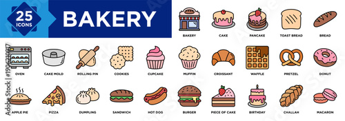 Bakery icon collection set. Containing Toast Bread, Bread, Cake, Oven, Rolling Pin, Donut, Pretzel, Waffle, Pancake, Croissant