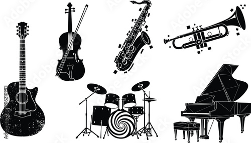 Collection of musical instrument vector silhouettes including guitar, violin, saxophone, trumpet, drums, and grand piano for jazz, orchestra, music education, creative artwork, and graphic design