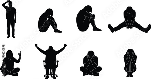 Collection of people silhouettes in various emotional poses, sitting and standing figures, black vector illustration isolated on white background, mental health design icons.