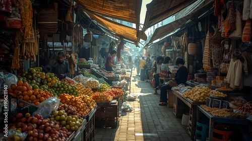 Traditional Asian Street Market with Fresh Fruits and Local Life