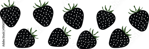 Collection of stylized strawberry silhouettes with green leafy tops, simple modern vector illustration ideal for fresh fruit designs, organic branding, patterns, and healthy food artwork