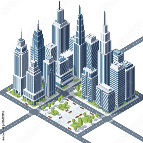 Isometric cityscape with modern skyscrapers and urban infrastructure.