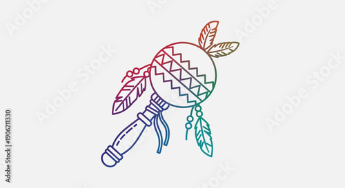 Vibrant tribal maraca illustration with decorative feathers and rhythmic patterns representing