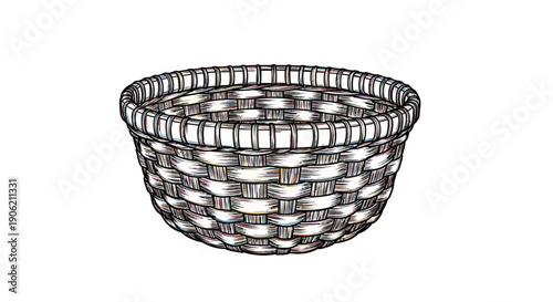 Hand-drawn illustration of an empty woven basket with intricate details on a plain white background