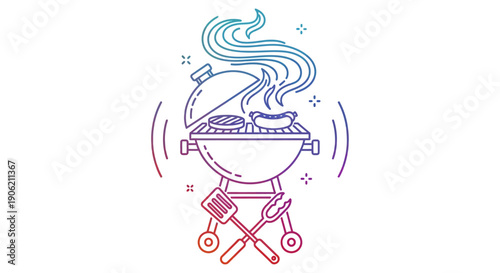 Vibrant gradient outline illustration of a classic barbecue grill cooking delicious food