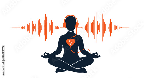 Silhouette meditating figure immersed in sound waves promoting heart health and mental balance