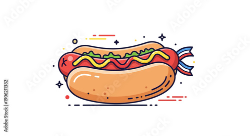 Vibrant American Hot Dog Illustration with Zesty Toppings and Festive Ribbons for Celebrations