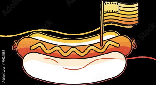 Festive American Hot Dog Illustration with National Flag Graphic on Black Background