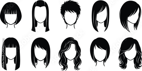 Collection of trendy female hairstyle silhouette vector icons, modern haircut designs for women, beauty salon and hairdresser illustration set, fashion hair template for branding