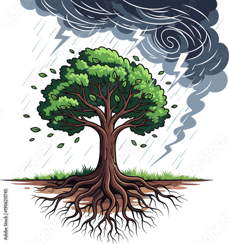 Strong resilient tree standing in storm with lightning and rain