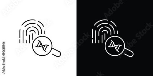 Single icon of magnifying glass over fingerprint and DNA helix, symbolic representation of forensic science and genetic investigation