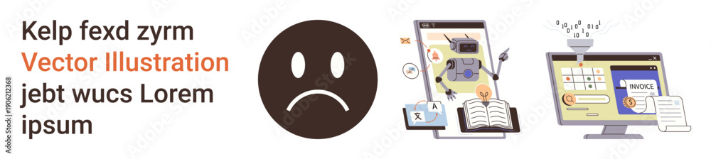Fototapeta premium Online security, user authentication, cyber protection, digital media, online identity, sad emotions. Sad face icon with tablet showing user data and monitor displaying login form. Online security
