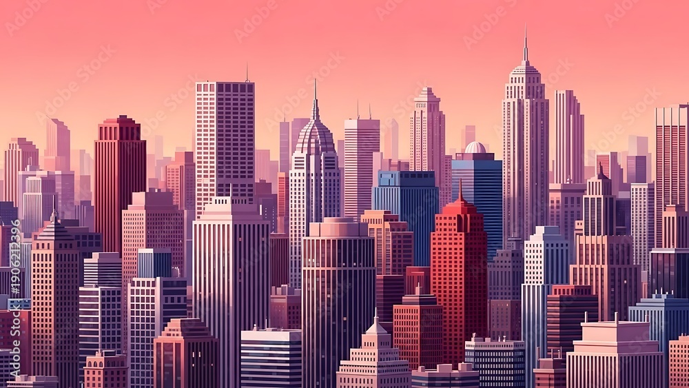 Naklejka premium City skyline with modern skyscrapers in pink and purple hues at sunset urban landscape