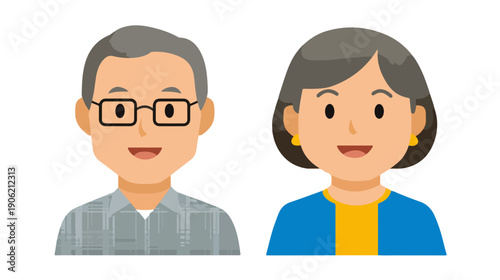 笑顔で並ぶシニア世代の夫婦のイラスト素材です。眼鏡をかけたおじいさんと優しい表情のおばあさんのバストアップ画像で、背景は透明な透過デザインとなっており、介護や福祉、老後の生活、家族、健康などのテーマに最適です。