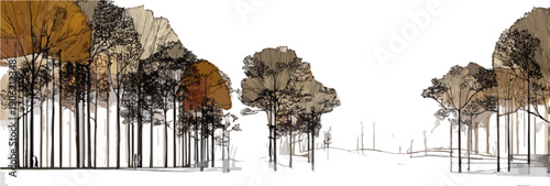 白い背景に透明感のある木々が並ぶ、繊細なラインと色彩で描かれた建築パース風の森林イラスト。落ち着いたアースカラーの重なりが美しい、横長パノラマサイズのモダンなベクター風グラフィックデザイン素材です。