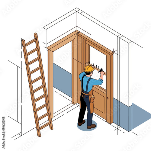 Quadro em tela Man installing security system on a wooden door with a drill.