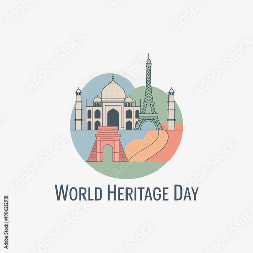 World Heritage Day with the Taj Mahal, Eiffel Tower, and Roman Colosseum landmarks