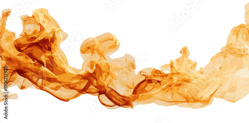 白い背景に広がる透明感のあるオレンジ色の煙のような抽象的なデザイン素材。流動的な動きと美しい琥珀色のグラデーションが特徴的で、クリエイティブな背景や広告デザインに最適な高品質な画像です。
