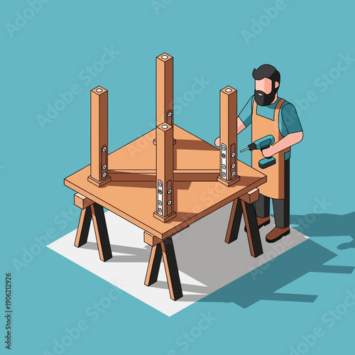 Carpenter working on a wooden table with clamps and tools.