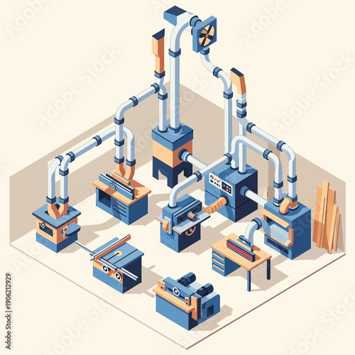 Industrial machinery setup with pipes and equipment in a factory.