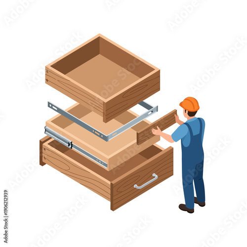 Man in blue uniform assembling wooden furniture drawers with metal slides.