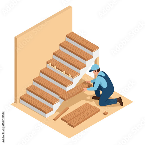Carpenter installing wooden staircase treads on a construction site.
