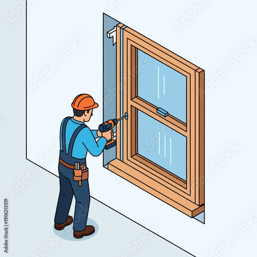 Worker Installing Window Frame with Power Drill.