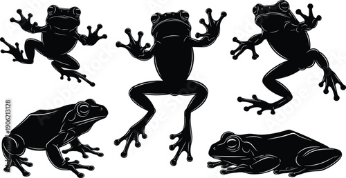 Collection of five black frog silhouettes, vector illustration of wild amphibians isolated on white, various poses for logo, nature, and animal design