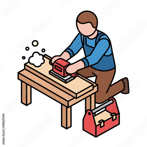 Man using electric planer on wooden plank at workbench.