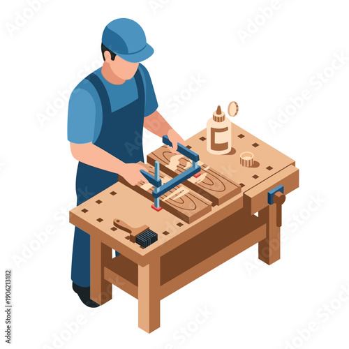 Carpenter working on a wooden project at a workbench.