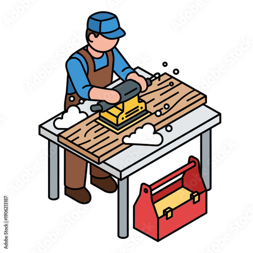 Carpenter using a planer on a wooden plank in a workshop.