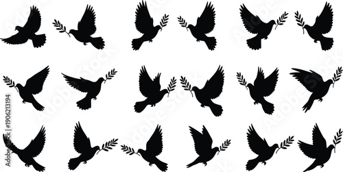 Collection of flying dove silhouettes with olive branches, symbolizing peace, hope, unity, freedom, ideal for religious graphics, charity campaigns, humanitarian designs, 
