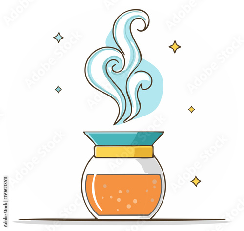 Potion Brewing with Steam and Sparkles, Cartoon Magic Elixir Creation in Glass Jar, Isolated on White