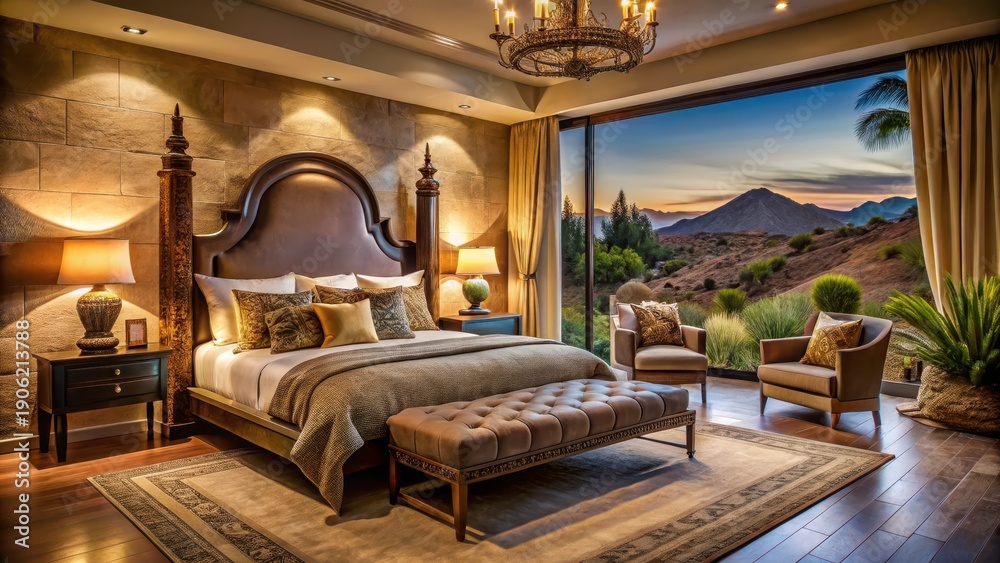 Fototapeta premium Indulge in opulence with this lavish Arizona retreats plush sanctuary featuring a regal bed amidst a desert haven