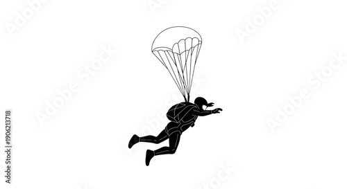 Parachutist Descending with Open Parachute Illustration, Isolated on a Plain White Background from a Side View