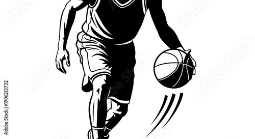A basketball player in motion dribbling a ball on the court, captured from a dynamic side viewpoint.