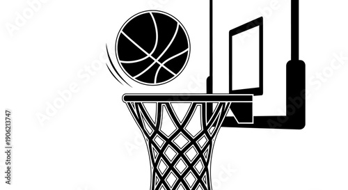 Basketball going through a basketball hoop in a sports illustration from a front viewpoint