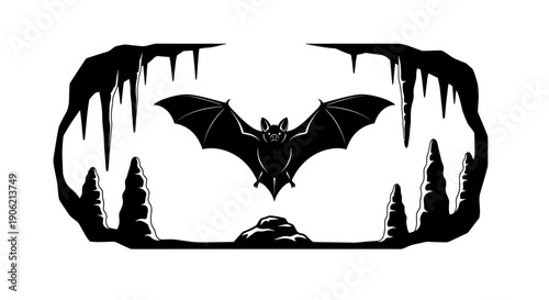 Bat flying over a cave entrance surrounded by trees in a mysterious forest environment from a frontal viewpoint