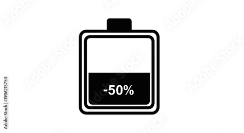 Battery icon displaying fifty percent discharge level in a simple graphic illustration