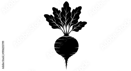 A black silhouette illustration of a beetroot with leaves from a top-down viewpoint