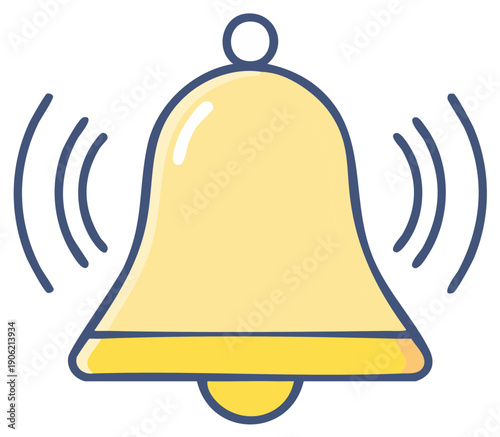 Yellow notification bell ringing with sound waves, alert, alarm, hand drawn style vector