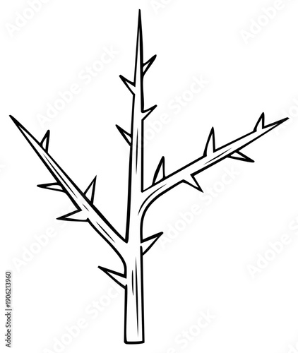 Stylized drawing of a barren thorny branch with sharp prickles against a white background