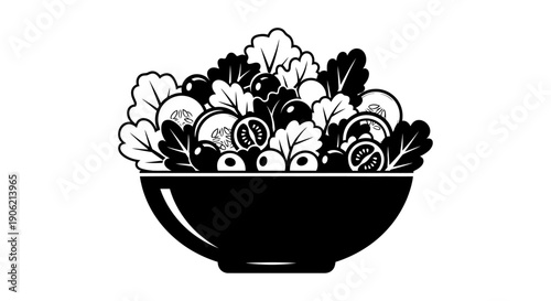 A black and white illustration of a bowl filled with various foods from a top-down viewpoint