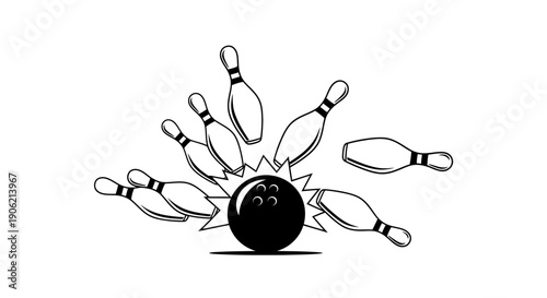 Black bowling ball striking pins in a dynamic illustration