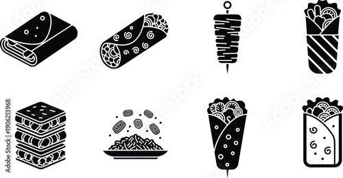 Black Shawarma and Kebab Icon Set Featuring Meat Skewers Wraps Burritos and Middle Eastern Food Isolated on Plain White Background Vector