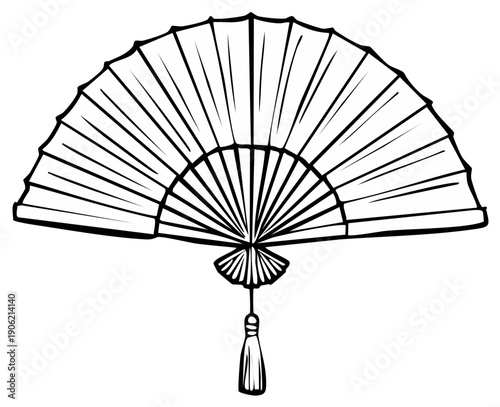 Black and white hand fan illustration with tassel hanging below, isolated