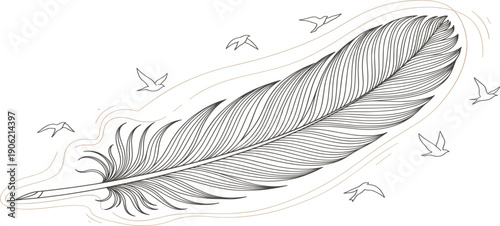 Elegant Flying Feather Illustration with Detailed Line Art Birds Motion Flow and Creative Freedom Concept for Tattoo Logo Branding and Artistic Design Projects